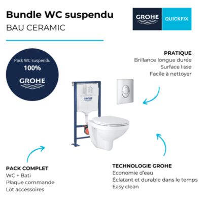 GROHE Pack WC suspendu sans bride Bau Ceramic + abattant + plaque chromée + bâti Grohe