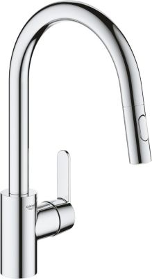 GROHE Robinet de cuisine évier Get, Robinet avec douchette extractible, Bec en forme de U, Inverseur 2 jets, Installation et netto