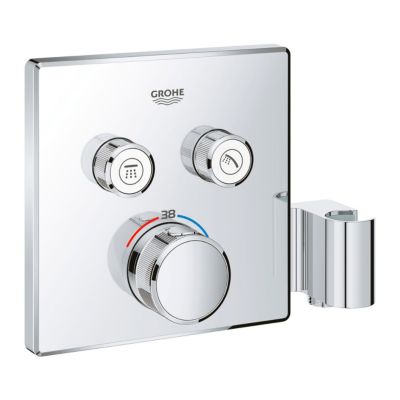 Grotherm Smartcontrol - facade avec mitigeur thermostatique encastré 2 sortie et support de douchette intégré chromé 29125000