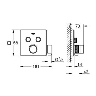 Grotherm Smartcontrol - facade avec mitigeur thermostatique encastré 2 sortie et support de douchette intégré chromé 29125000