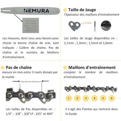 Guide de 30cm + 3 Chaînes de tronçonneuse - 44 Entraineurs - Pas 3/8LP - Jauge 0.50 (1.3mm)