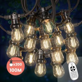 Guirlande Guinguette 100M Filament LED 200 Bulbes Dimmables Avec Variateur et Télécommande