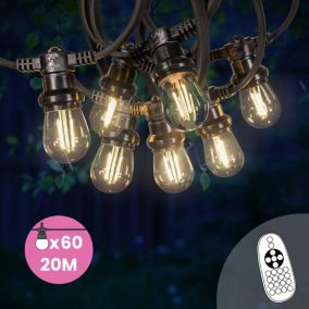 Guirlande Guinguette 20M Filament LED 60 Bulbes Dimmables Avec Variateur et Télécommande