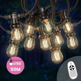 Guirlande Guinguette 50M Filament LED 150 Bulbes Dimmables Avec Variateur et Télécommande