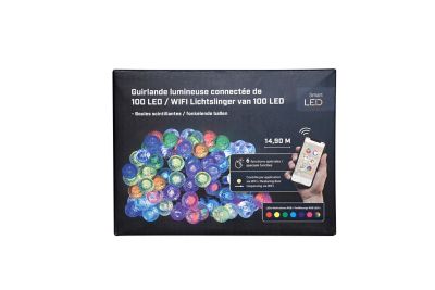 Guirlande lumineuse connectée 100 LED multicolores intérieur et extérieur L.14,90 m - câble noir 6 fonctions décor boule givrée IP44