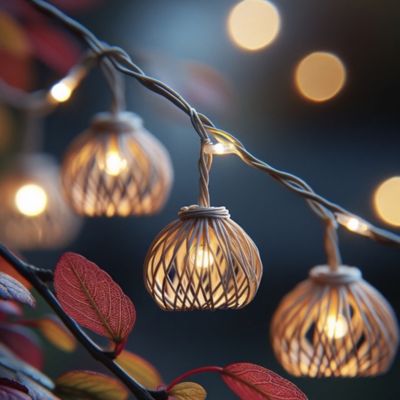 Guirlande lumineuse d'extérieur LED intégrée Rotilia Light Hybrid rotin beige IP44 260lm L.7,5m Lumisky
