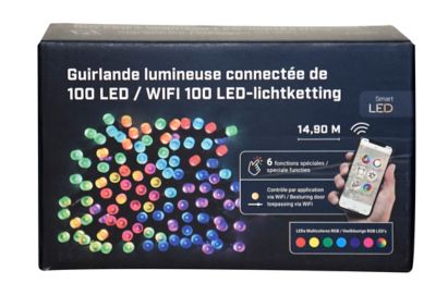 Guirlande lumineuse LED connectée intérieure et extérieure multicolore câble noir 6 fonctions 14,90 m