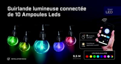 Guirlande lumineuse LED intérieure et extérieure multicolore câble noir 8 fonctions 9,50 m décor ampoule