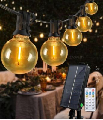 Guirlande lumineuse solaire G40, 15 mètres, 25 ampoules, étanche, 8 modes, éclairage décoratif festif, lumière blanche chaude.
