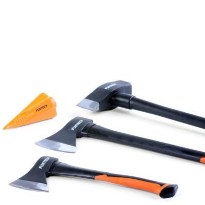 Hachettes bois acier forgé - FUXTEC FX-AX4 - Set hachette 36cm + hache 69cm + hache de fendage 91cm + coin fendeur acier 1,8kg