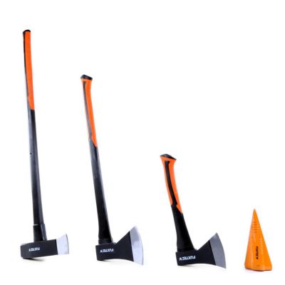 Hachettes bois acier forgé - FUXTEC FX-AX4 - Set hachette 36cm + hache 69cm + hache de fendage 91cm + coin fendeur acier 1,8kg