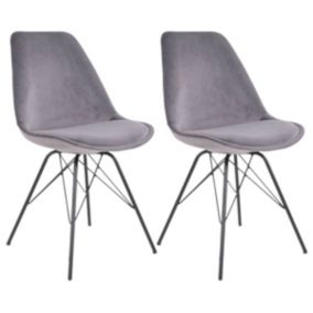 HAGA - Lot de 2 Chaises Velours Gris avec Piétement Métal Noir