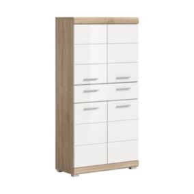 Hako - Armoire de salle de bains (L/H/P : 74x141x31 cm) en imitation chêne Sonoma clair et blanc brillant embouti