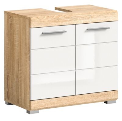 Hako - Armoire sous-lavabo (L/H/P : 60x56x34 cm) en imitation chêne Sonoma clair et blanc brillant embouti