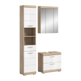 Hako - Combinaison de salle de bains (L/H/P : 112x191x34 cm) en imitation chêne Sonoma clair et blanc brillant embouti
