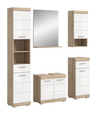 Hako - Combinaison de salle de bains (L/H/P : 164x191x34 cm) en imitation chêne Sonoma clair et blanc brillant embouti