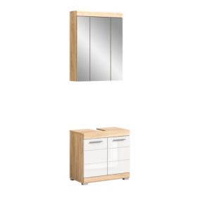 Hako - Combinaison de salle de bains (L/H/P : 60x191x34 cm) en imitation chêne Sonoma clair et blanc brillant embouti