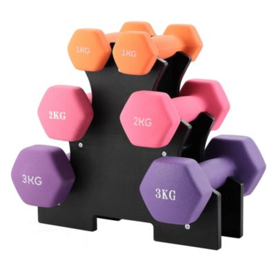 Haltères Néoprène 1kg 2kg 3kg avec Support ,Set de 6 Haltères Musculation