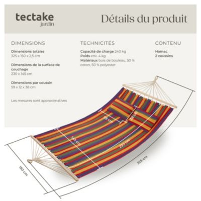 Hamac avec barres d'expansion 2 pers. polyester/coton rayures colorées