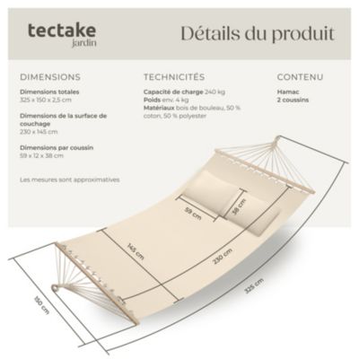 Hamac avec barres d'expansion polyester/coton pour 2 personnes beige