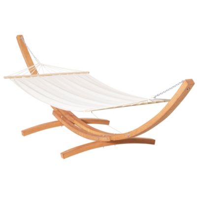 Hamac de jardin avec support en bois hamac sur pied 1 personne dim. 3,92L x 1,2l x 1,1H m toile coton blanc