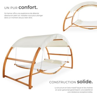 Hamac pour 2 personnes avec cadre en bois et grand toit solaire