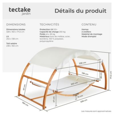 Hamac pour 2 personnes avec cadre en bois et grand toit solaire