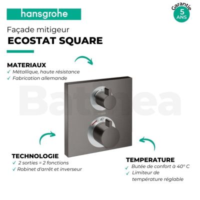 HANSGROHE Façade pour mitigeur thermostatique encastré Ecostat Square avec robinet d'arrêt et inverseur noir chrome brossé