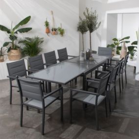 Happy Garden - Salon de jardin LAMPEDUSA extensible en textilène gris 10 places - aluminium anthracite