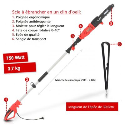 Hecht 971 W Scie a ébrancher Tronçonneuse avec manche télescopique 2,80m et tête de coupe rotative