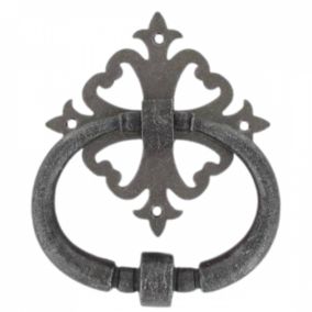Heurtoir de porte fer sur rosace carré ajourée argent antique