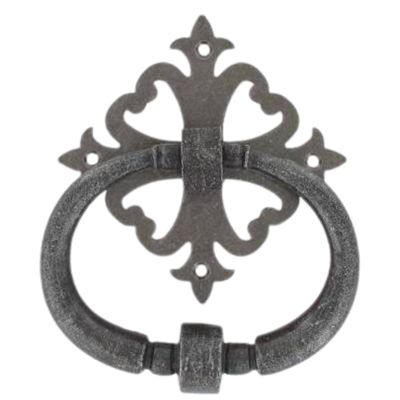Heurtoir de porte fer sur rosace carré ajourée vieil argent argent antique