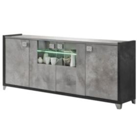 HOFFMAN - Buffet 4 Portes Gris Aspect Pierre avec Led