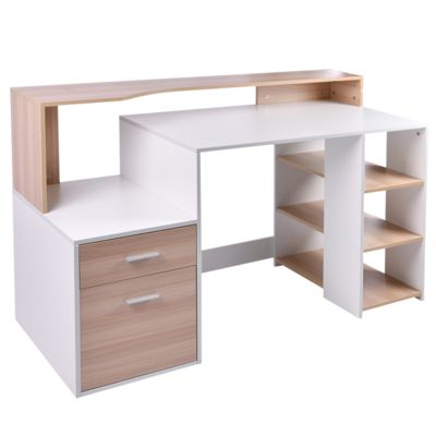 HOMCOM Bureau Informatique multimédia Design Multi-rangements 137 L x 55 l x 92 H cm chêne Blanc