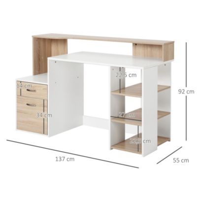 HOMCOM Bureau Informatique multimédia Design Multi-rangements 137 L x 55 l x 92 H cm chêne Blanc