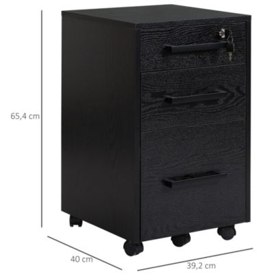 HOMCOM Caisson de bureau rangement bureau sur roulettes 3 tiroirs 1 verrouillable 1 trieur à dossiers MDF panneaux particules noir