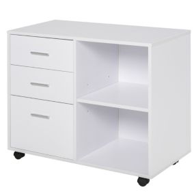 HOMCOM Support d'imprimante organiseur bureau caisson 3 tiroirs + 2 niches + grand plateau panneaux particules blanc