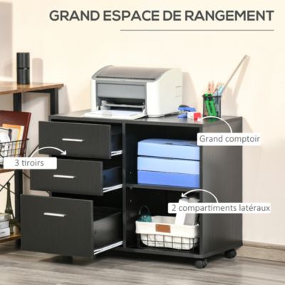 HOMCOM Support d'imprimante organiseur bureau caisson 3 tiroirs + 2 niches + grand plateau panneaux particules noir