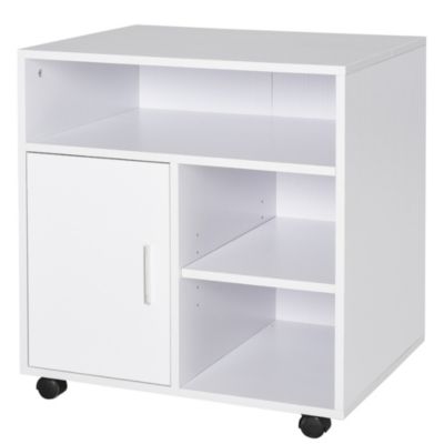 HOMCOM Support d'imprimante organiseur bureau caisson placard porte 3 niches + grand plateau panneaux particules blanc