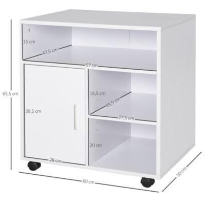 HOMCOM Support d'imprimante organiseur bureau caisson placard porte 3 niches + grand plateau panneaux particules blanc