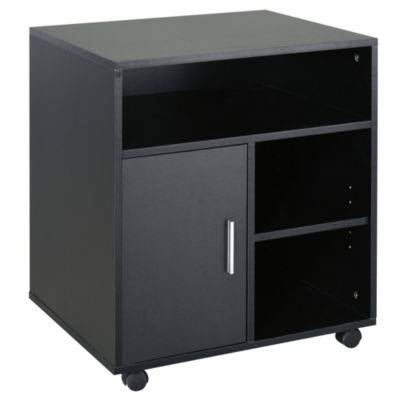 HOMCOM Support d'imprimante organiseur bureau caisson placard porte 3 niches + grand plateau panneaux particules noir