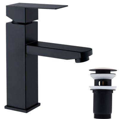 Homelody Set Mitigeur Lavabo Noir Mat + Bonde Pop-Up Universelle avec Trop-Plein
