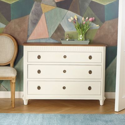 HORACE  Commode blanche style shabby chic, plateau chêne, 3 tiroirs