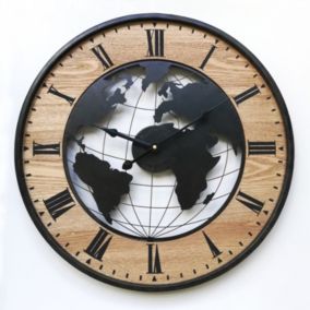 Horloge Murale Ronde Rétro Marron Noir Mdf Analogique 50x50x4,5