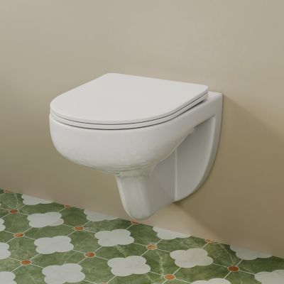 HOROW Cuvette WC suspendue compacte sans bord avec abattant et frein de chute, blanc, Abattant fermeture ralentie