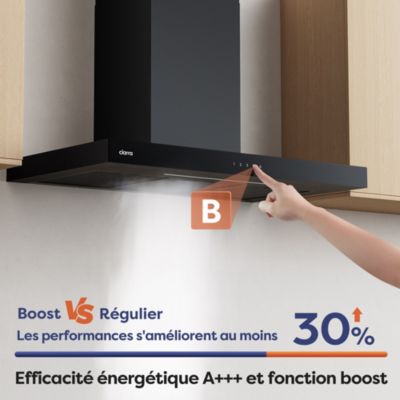 Hotte décorative 90cm murale 650m3h wifi classe a+++ 4 vitesses évacuation ou recyclage tactile noir CD9102B Ciarra