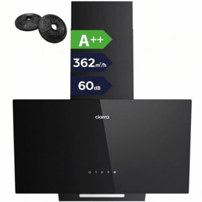 Hotte inclinée 60cm 362m3/h 3 vitesses recyclage ou évacuation éclairage LED verre noir Ciarra CD6750CB