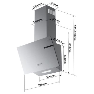 Hotte inclinée 60cm 600m3/h 3 vitesses évacuation ou recyclage