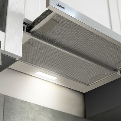 Hotte tiroir encastrable 60cm 391m3/h 2 vitesses téléscopique évacuation ou recyclage inox Ciarra CD6906DS