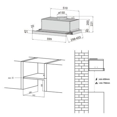 Hotte tiroir encastrable 60cm 391m3/h 2 vitesses téléscopique évacuation ou recyclage inox Ciarra CD6906DS